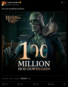 Baldur's Gate 3 Oyuncuları 100 Milyondan Fazla Mod İndirdi